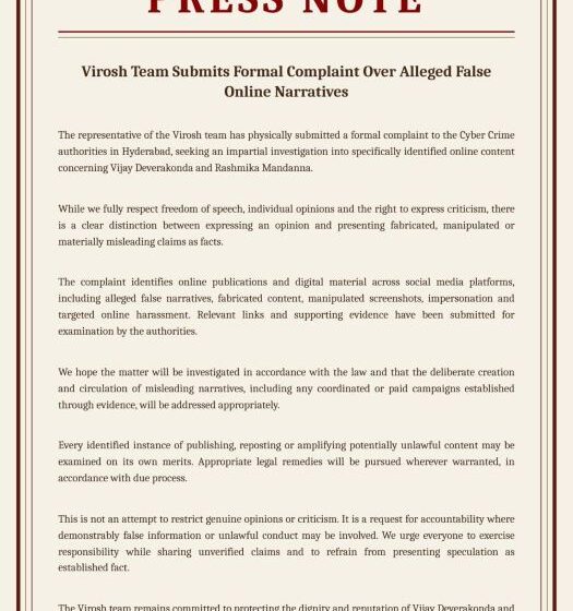  Virosh Team Submits Formal Complaint Over Alleged False Online Narratives